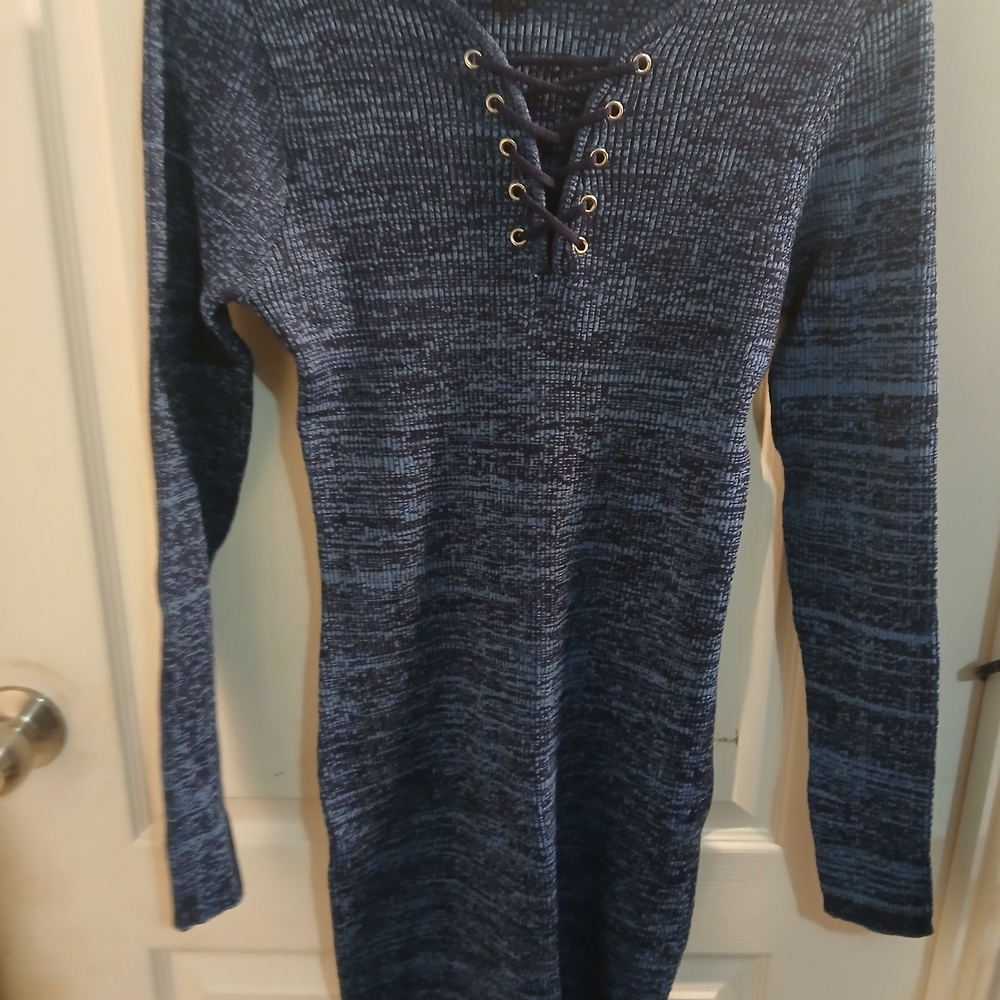 No Boundaries Navy Heather Lace-Up Sweater with Gold Grommets